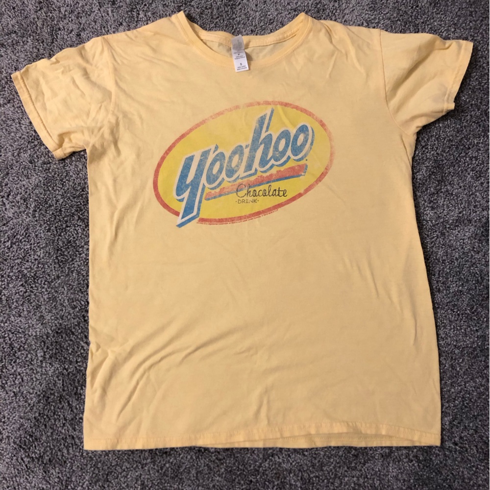 Sunny Butter Yellow Yoo-Hoo Retro Chocolate Milk Graphic Tee. Gildan SoftStyle - Picture 3 of 4